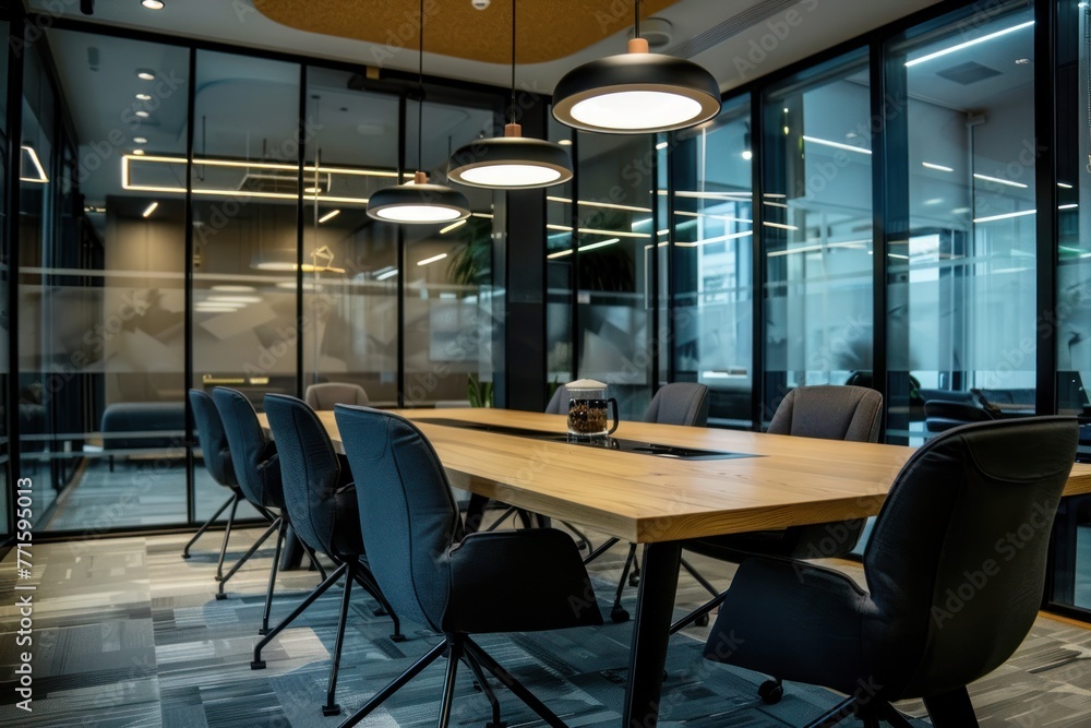 Aufkleber front view of empty modern bright conference room with office table and chairs and large windows