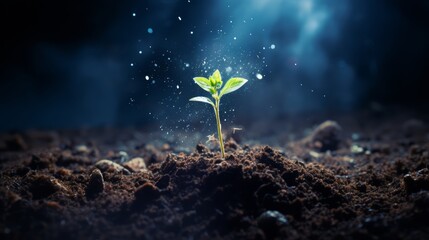 Sprout growing in soil, concept of new life with space above - obrazy, fototapety, plakaty