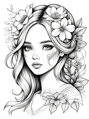 Girl with flowers on her head. and sketch with line smoothly outline coloring page, white background, ai generated 