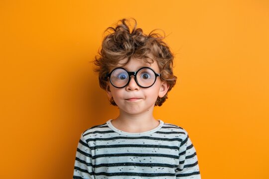 Funny looking child boy wears eyeglasses with very thick lenses on color background