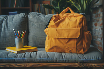 A yellow backpack with a book on it next to a cup of pencils and a pencil