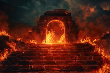 Gate to hell with steps and fire - obrazy, fototapety, plakaty