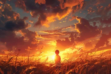 Fototapeten A young anime boy watching the sunset lonely in a big field © Zoraiz