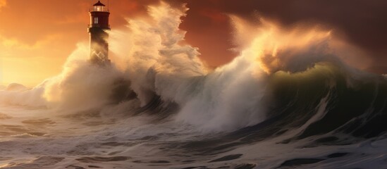 A lighthouse stands tall amidst a stormy ocean, its beam cutting through the cloudy sky as waves crash against the rocky landscape in a dramatic atmospheric phenomenon - Powered by Adobe