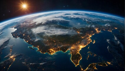 Fototapeta premium Highest Detailed Earth View from Space. Blockchain Technology Powers Global Communication.
