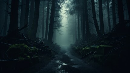 Atmospheric forest in fog, mysterious path