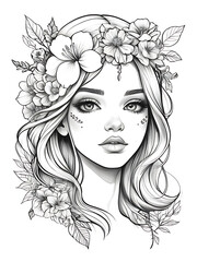 Girl with flowers on her head. and sketch with line smoothly outline coloring page, white background, ai generated 