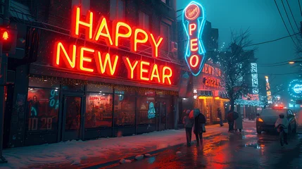 Gartenposter LED lights forming "HAPPY NEW YEAR 2025" on the facade of a futuristic building © adobe