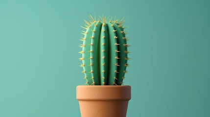 A green cactus in a terracotta pot cut out on green turquoise color background