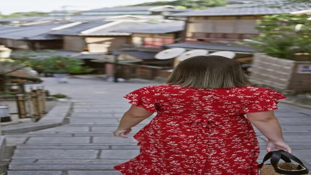 Casual walk of a beautiful hispanic woman, walking away, stairs cascading beneath her in old gion street, kyoto, back view revealing her brunette hair.