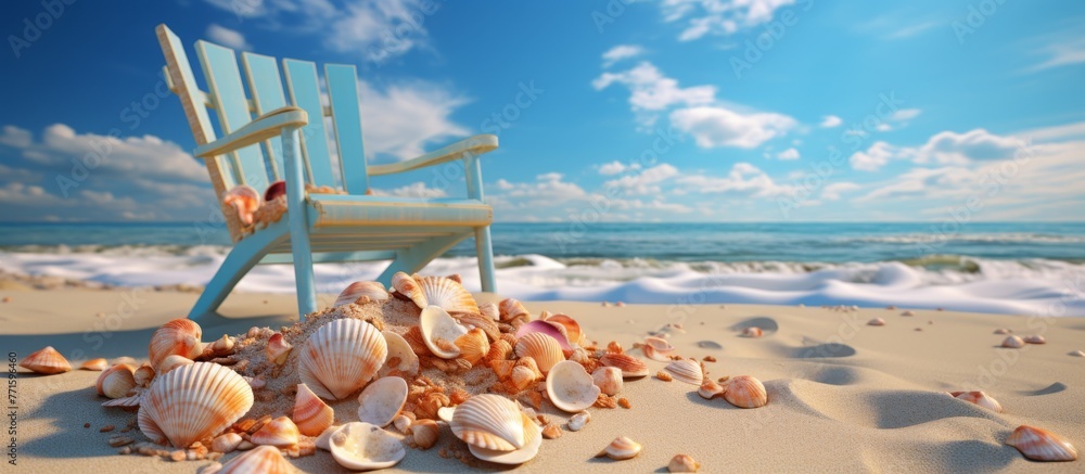 Poster a chair placed on a stack of seashells by the waters edge on a beach, under a cloudy sky, creating a