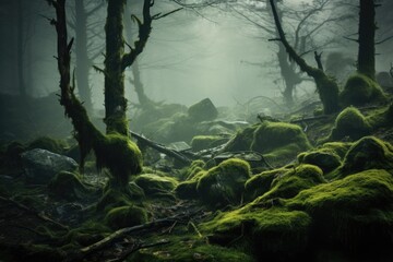 Fototapeta na wymiar mossy grass and fog in a forest