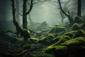 Zelfklevend Fotobehang mossy grass and fog in a forest © Alexei