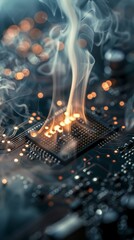 A close-up view of a microchip on a circuit board, with ethereal smoke drifting across the illuminated electronic components