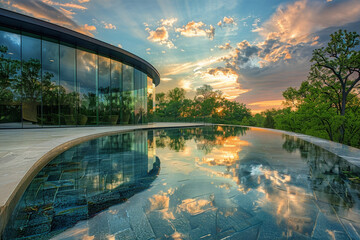 A stunning architecture of curved glass walls reflecting the sky and clouds, merging the outdoor...