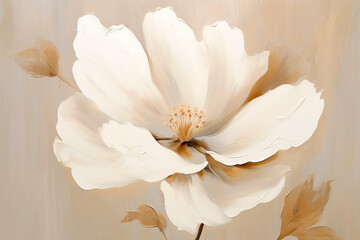 Oil painting of white flower, large white petals on beige background - obrazy, fototapety, plakaty