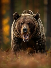 A close-up shot of a fierce brown bear roaring with its mouth open, showcasing its sharp teeth in a natural setting