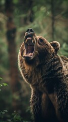 Captivating image of a ferocious brown bear roaring with its mouth open, showcasing sharp teeth against a forest backdrop - obrazy, fototapety, plakaty
