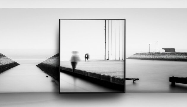 a black and a white picture, in the style of light red and light black, minimalist surrealist, Shore scene, some people walking, ultra fine resolution to print on canvas AI Generated