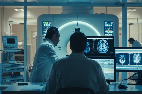 Diagnostic Discussion: Doctor and Radiologist Analyzing Brain Scans in Control Room, generative ai
