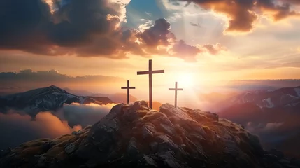 Foto auf Acrylglas Jesus cross on mountain hill christian son of god resurrection easter concept sunrise new day christ holy  © The Stock Image Bank