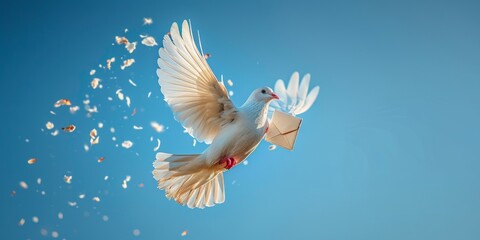 white bird of freedom is flying at the bright blue sky and holding a mail