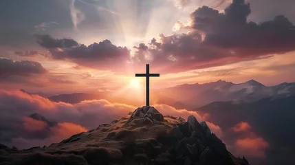 Zelfklevend Fotobehang Jesus cross on mountain hill christian son of god resurrection easter concept sunrise new day christ holy  © The Stock Image Bank