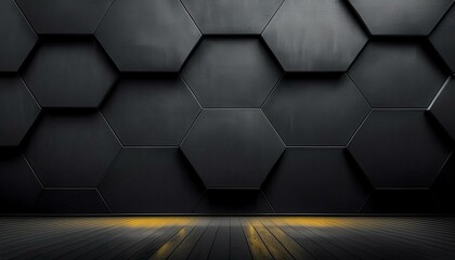 Sleek Geometry: Black and Gray Wall Adorned with Hexagonal Shapes - obrazy, fototapety, plakaty