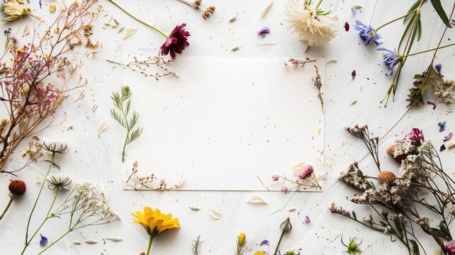 Card mockup and dried flowers top view on white background with, flat lay, Space for design, spring holiday floral template, copy space, Blank, greeting card template