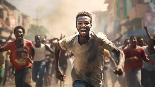 happy black man running in the streets with many other people