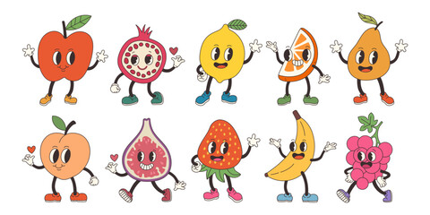 Groovy fruits set. Hand draw Funny Retro vintage trendy style fruits cartoon character. Doodle Comic collection