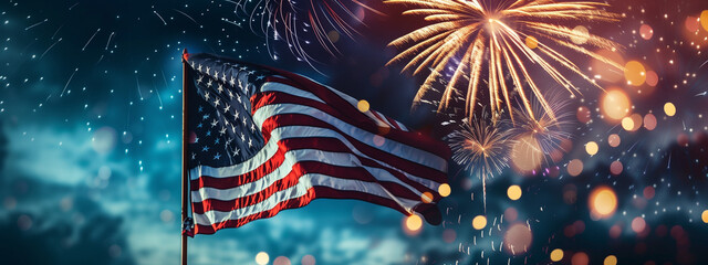 US Flag and Fireworks Illustration for Fourth of July - obrazy, fototapety, plakaty
