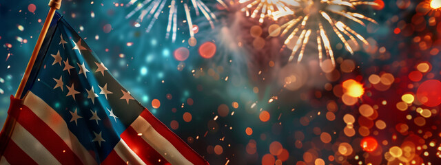 American Flag with Fireworks Display Backdrop - obrazy, fototapety, plakaty
