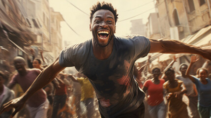 happy black man running in the streets with many other people - obrazy, fototapety, plakaty