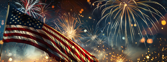 Fireworks Exploding Behind Waving American Flag - obrazy, fototapety, plakaty