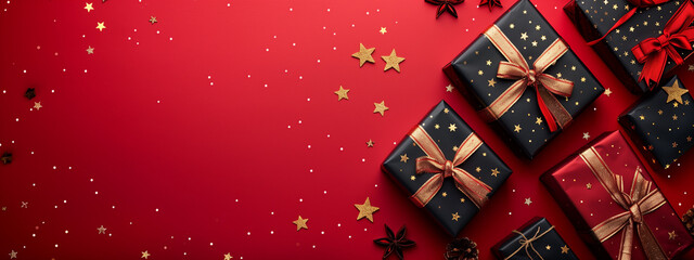 Chic Black and Red Presents with Gold Stars on Festive Red Backdrop - obrazy, fototapety, plakaty