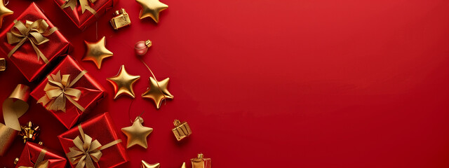 Luxurious Red Gifts with Gold Stars and Festive Decoration