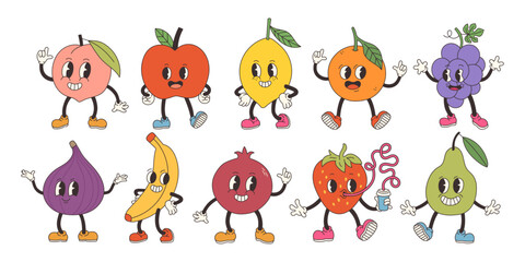 Groovy fruits set. Hand draw Funny Retro vintage trendy style fruits cartoon character. Doodle Comic collection