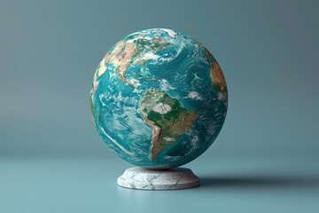 Fototapeta premium 3D render of globe adorned with world map, set against blue background, offering stunning aerial perspective of Earth's surface an ideal icon design for social media platforms.