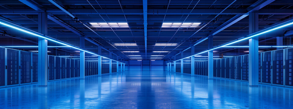 Expansive Data Center Hall with Blue Lighting