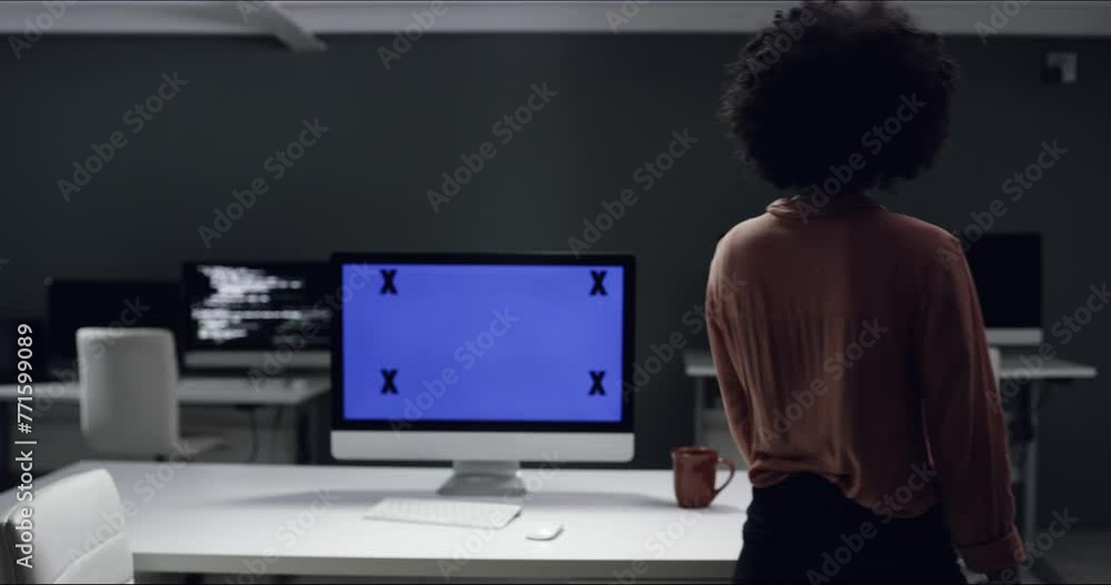 Leinwandbilder Coding, virtual computer screen and woman programming, server, online code or algorithm at night. Mockup space, tracking markers and cybersecurity expert working on script, HTML or big data project