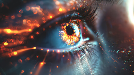 Closeup of woman's eye with digital data flowing in,  the integration and flow between human creativity and AI technology. With dark blue to contrast with glowing orange cybernetic elements background