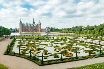 View of Frederiksborg castle with park in Hillerod, Denmark