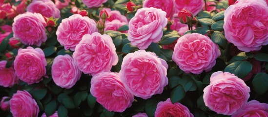 A variety of pink garden roses, including hybrid tea and groundcover roses, are blooming...