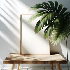Close-up of a blank photo frame on a wooden table with a green plant