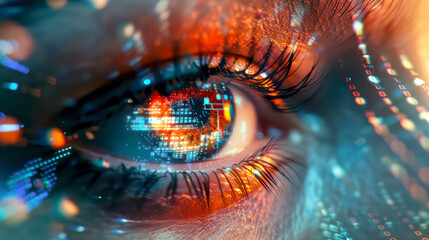 Closeup of woman's eye with digital data flowing in,  the integration and flow between human creativity and AI technology. With dark blue to contrast with glowing orange cybernetic elements background - obrazy, fototapety, plakaty