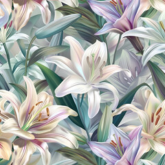 **realistic, intricate seamless pattern of Easter lilies in pastel colors
