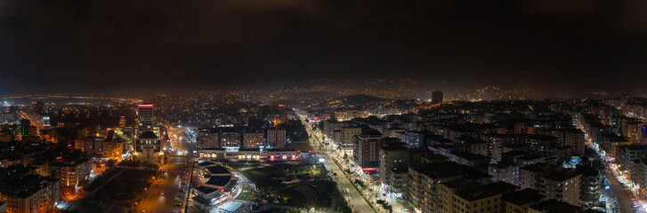 Aerial panoramic view of Sanliurfa city center at night.