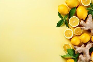 Healthy organic vegan immunity booster, herbal drink, antioxidant anti-inflammatory ginger lemon tea with ingredient - fresh ginger, lemon, mint, yellow background with copy space