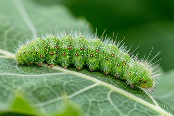 A green caterpillar with black spots on its back - Powered by Adobe